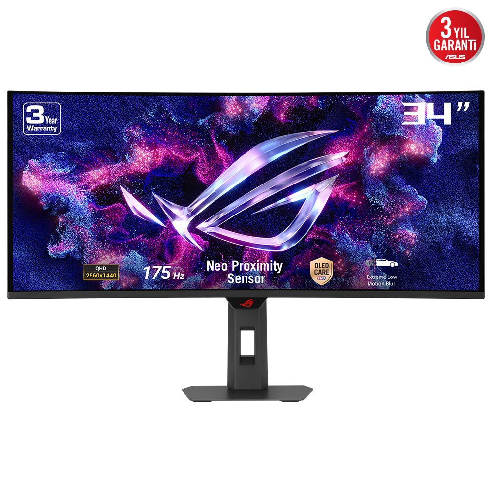 ASUS ROG STRIX XG34WCDG 34 OLED KAVİSLİ 3840x1440 0.03ms 175Hz 250cd DP HDMI USB-C YOK VESA 3YIL ELMB HDR 400 True Black YÜKSEKLİK AYARLI YAKINLIK SENSÖRÜ(NEO PROXIMITY SENSOR) %99.3 DCI-P3 10BİT USB-C PD15W MONİTÖR