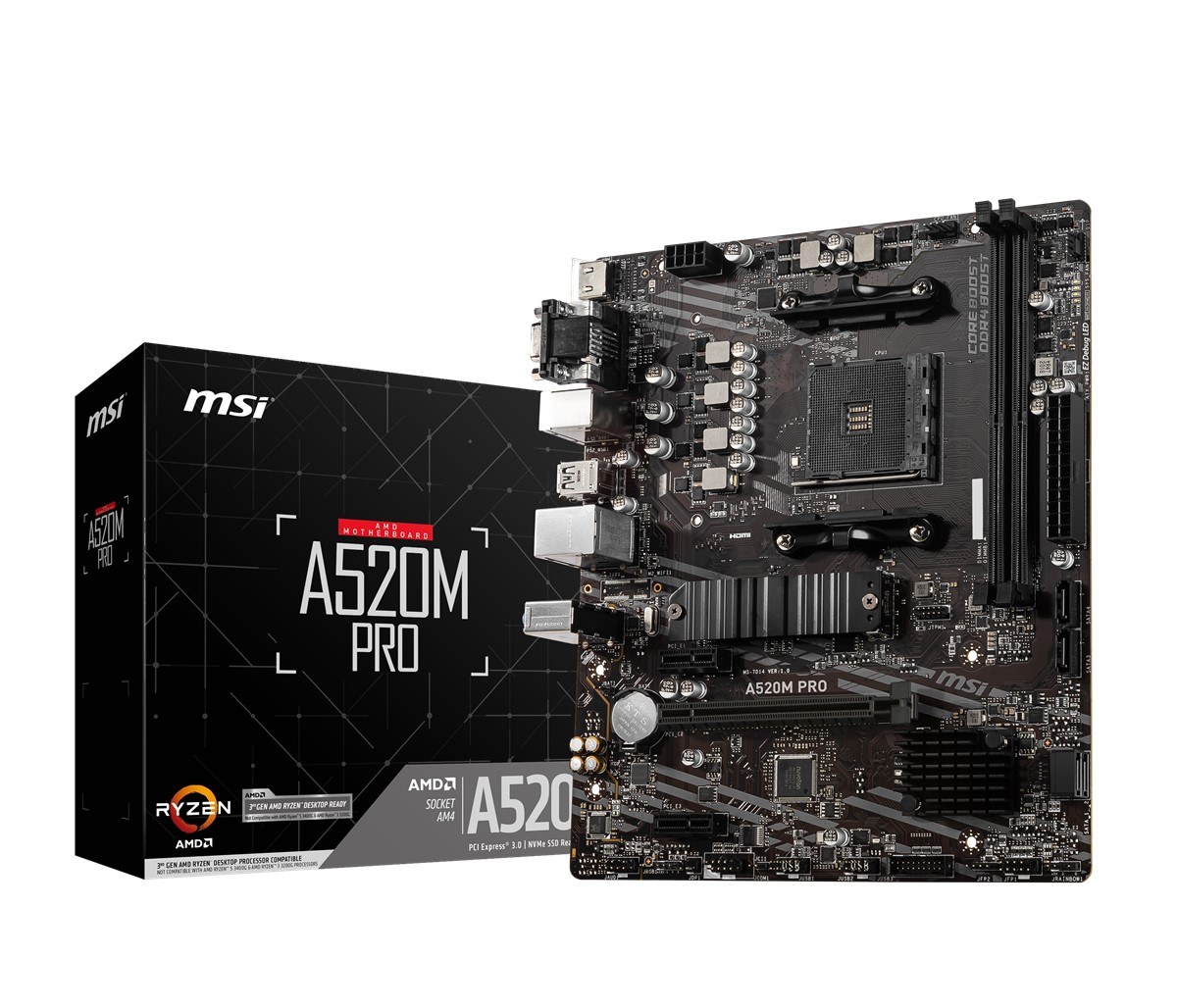 MSI MB A520M PRO AM4 DDR4 4600(OC) VGA DVI HDMI M.2 USB3.2 MATX
