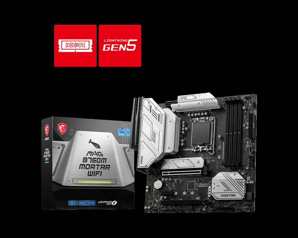 MSI MAG B760M MORTAR WIFI SOKET 1700 DDR5 7000(OC) PCI-E GEN5 M.2 USB3.2 HDMIDP 1X 2.5G LAN WI-FI 6E MATX