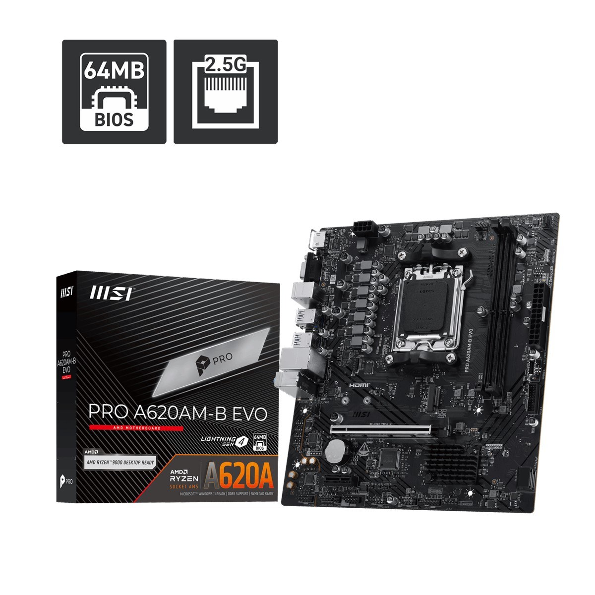MSI MB PRO A620AM-B EVO AM5 DDR5 6800MHZ(OC) ARGB HDMI VGA M.2 USB3.2 JARGB_V2 MATX